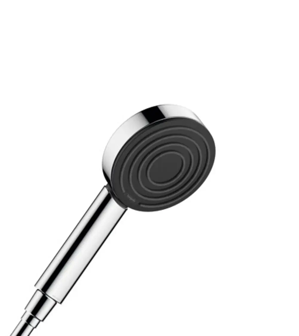 Handbrause mit runder Duschfläche und griffigem Design in Chromfarbe. Der Schlauch ist flexibel und ermöglicht einfache Handhabung. Produkt von Hansgrohe.